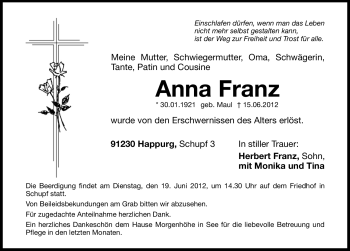 Traueranzeige von Anna Franz von Hersbrucker Zeitung